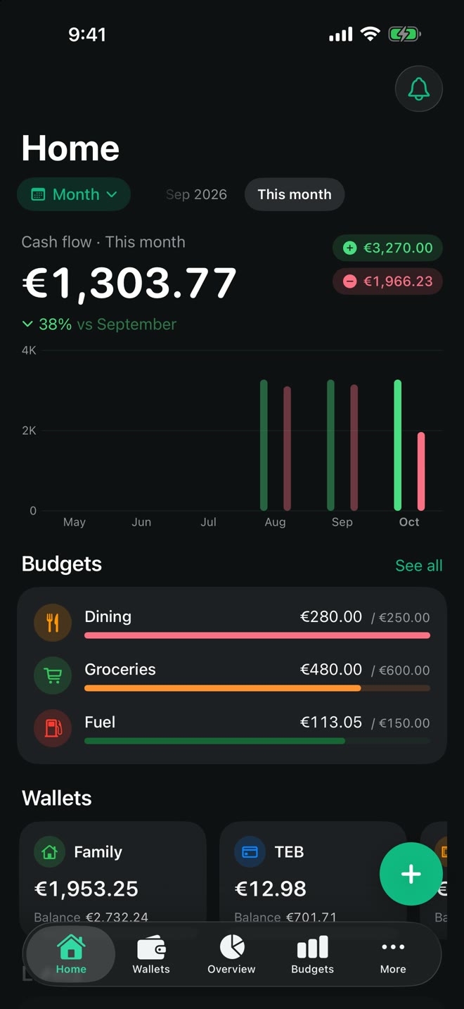 Numa home screen in dark mode