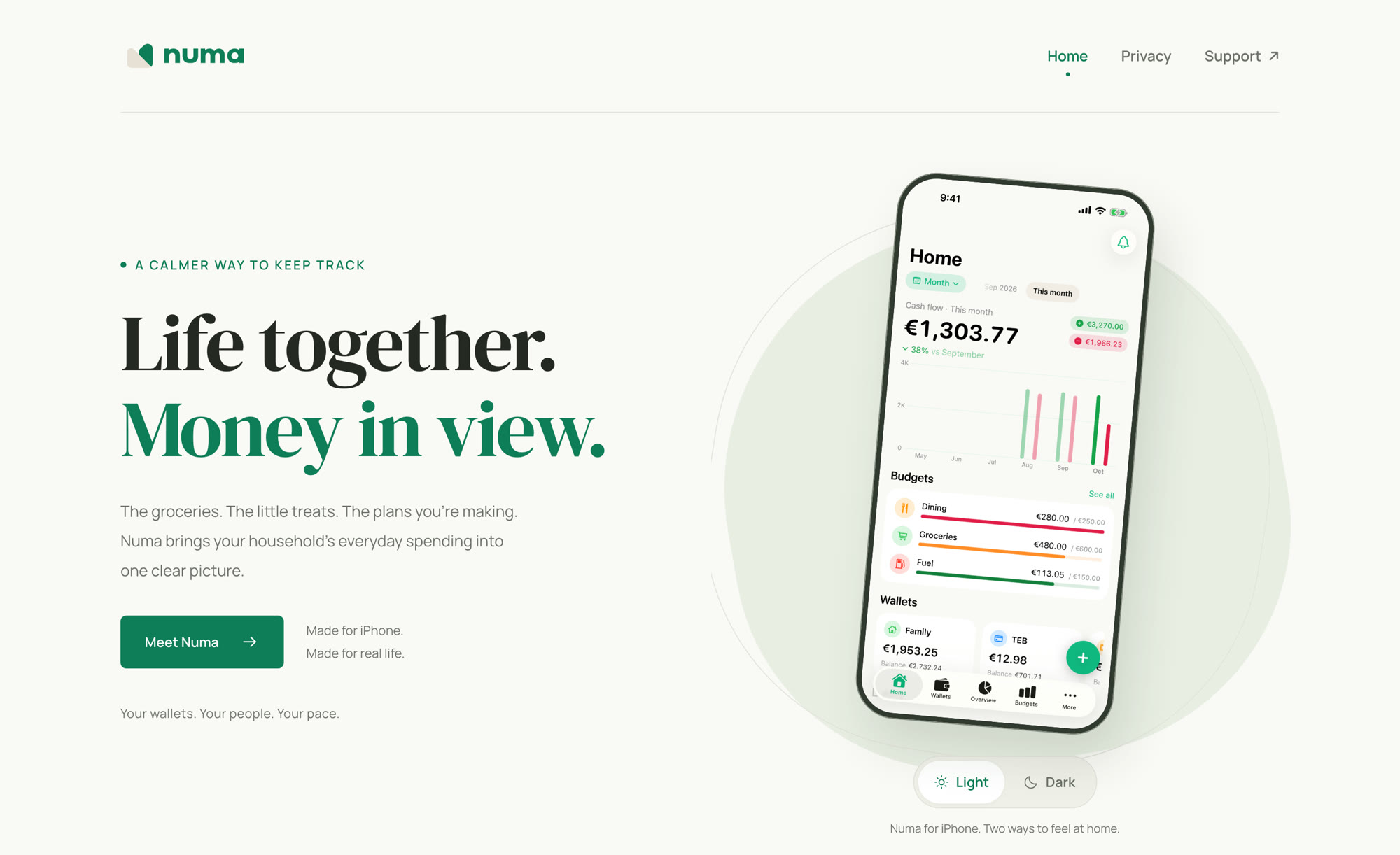 The Numa website showing the app on an iPhone